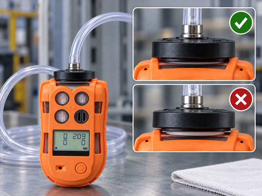 Crowcon T4x beim Bump Test mit Prüfgasflasche, 0,5 Liter pro Minute Gasfluss und dicht montierter Kalibrierplatte
