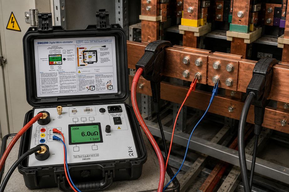 DMO200K Micro Ohmmeter mit Kelvin Vierleiteranschluss an einer verschraubten Kupfer Sammelschiene