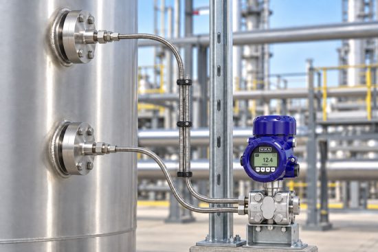 Differenzdrucktransmitter mit zwei Druckmittlern und symmetrisch verlegten Kapillarleitungen an einem Prozessbehälter