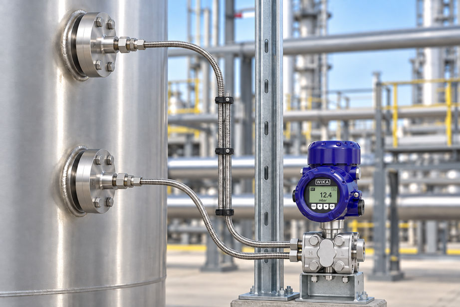 Differenzdrucktransmitter mit zwei Druckmittlern und symmetrisch verlegten Kapillarleitungen an einem Prozessbehälter