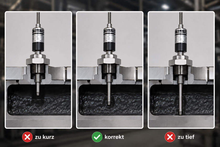 Dynisco PT462 Schmelzedrucksensor zu kurz, korrekt und zu tief in einer Extruder Messbohrung eingebaut
