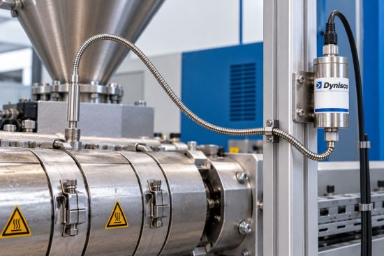 Dynisco Schmelzedrucksensor am Extruder mit flexibel verlegter Kapillare, großem Biegeradius und separat befestigtem Sensorgehäuse