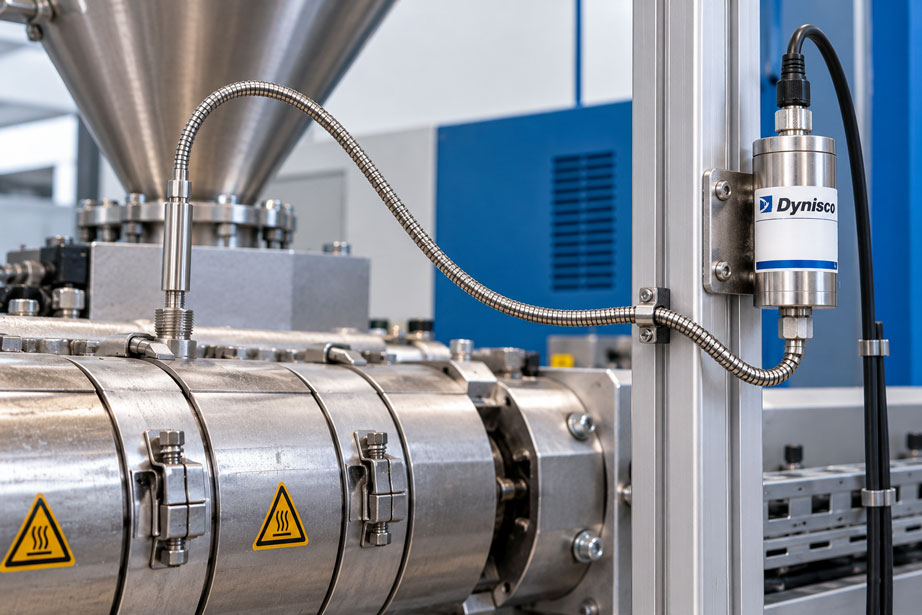 Dynisco Schmelzedrucksensor am Extruder mit flexibel verlegter Kapillare, großem Biegeradius und separat befestigtem Sensorgehäuse