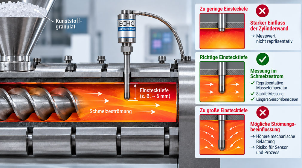 ECHO Schmelzetemperaturfühler im Extruder mit Darstellung der richtigen Einstecktiefe im Schmelzestrom und Vergleich zu zu geringer und zu großer Einstecktiefe