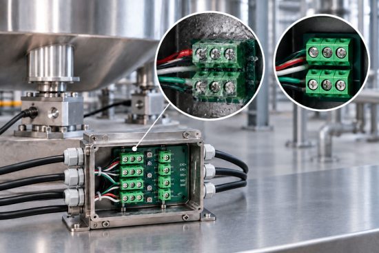 Geöffneter Wägezellen Summierkasten mit Feuchtigkeit an Anschlussklemmen und Darstellung möglicher Kriechströme und Signaldrift