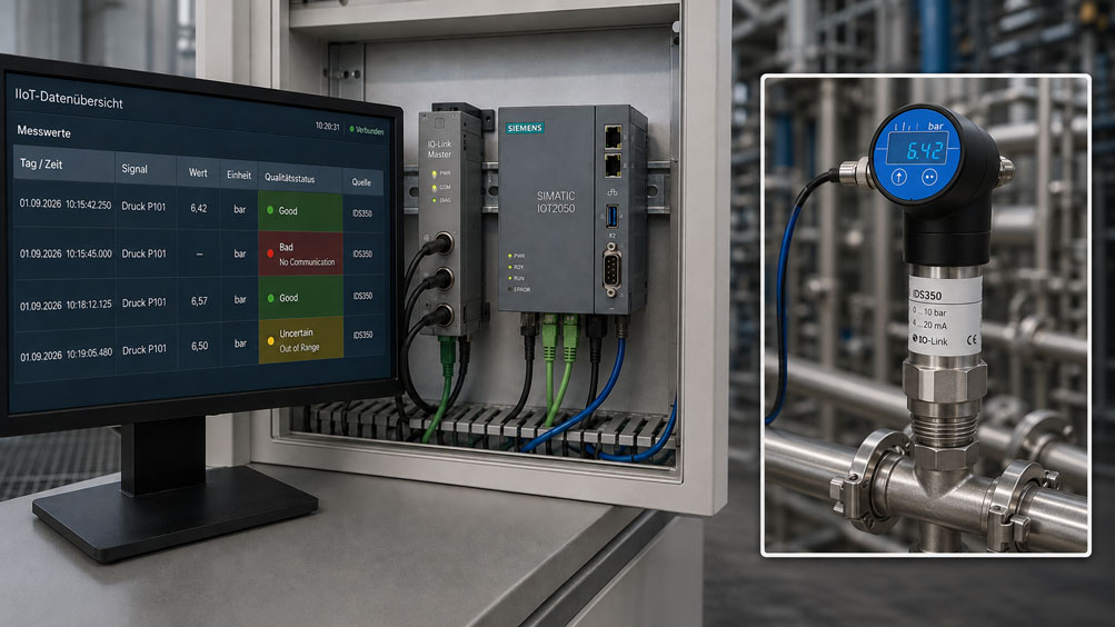 IDS350 IO Link Drucksensor mit Edge Gateway und IIoT Datenplattform zur Übertragung von Messwert, Zeitstempel und Qualitätsstatus