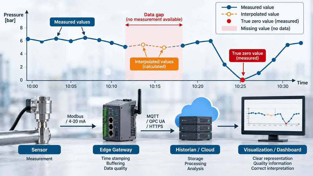 IIoT Zeitreihe mit Datenlücke, echtem Nullwert und gekennzeichneten interpolierten Messwerten en