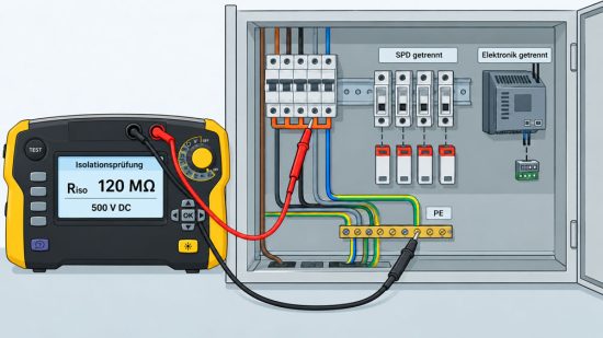 Isolationsprüfgerät an einer elektrischen Verteilung mit getrenntem Überspannungsschutz und empfindlicher Elektronik