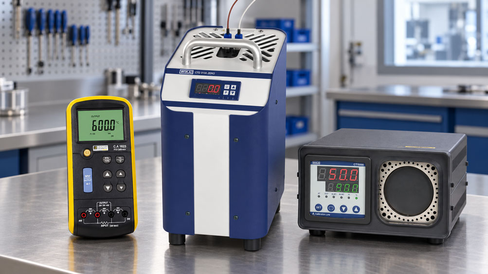 Kalibrieraufbau für ein Thermoelement mit Temperaturkalibrator, Referenzthermometer und externer Vergleichsstelle bei 0 °C