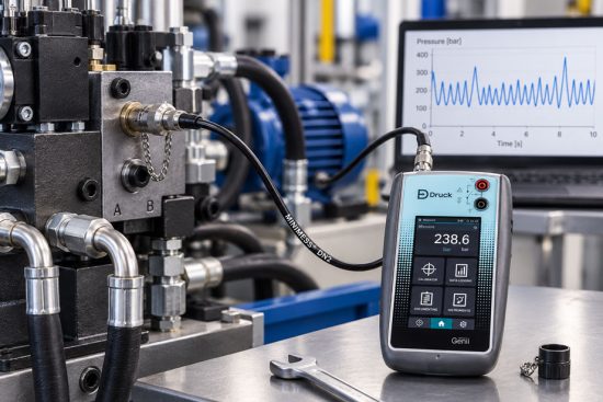 MINIMESS Testpunkt mit DN2 Mikrobohrschlauch und Druckmessgerät zur Erfassung pulsierender Druckverläufe in einer Hydraulikanlage