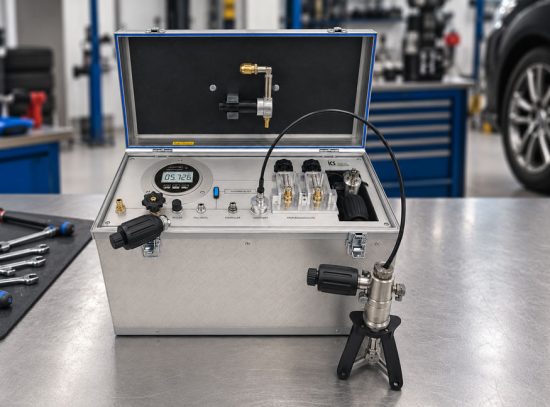 PRM 25 Referenzprüfeinrichtung mit angeschlossenem Reifenfüllmanometer zur Prüfung von Hysterese und Nullpunktrückkehr