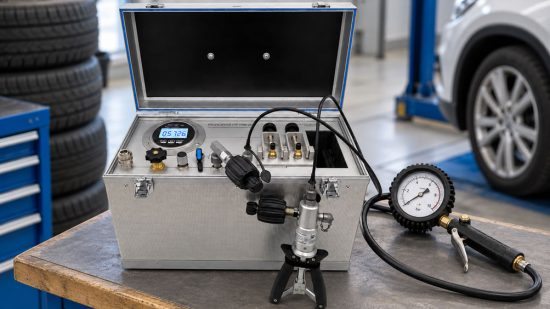 PRM 25 Referenzprüfeinrichtung mit integriertem Präzisions Digitalmanometer und angeschlossenem Reifenfüllmanometer