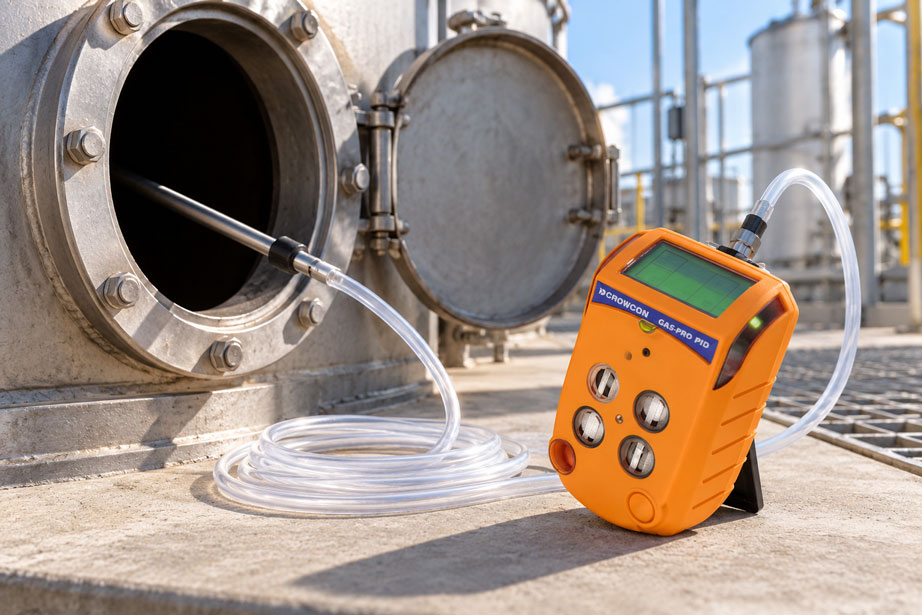 Pumpengaswarngerät mit Probenahmeschlauch und Sonde zur Prüfung des Probenwegs vor der Freimessung eines Behälters