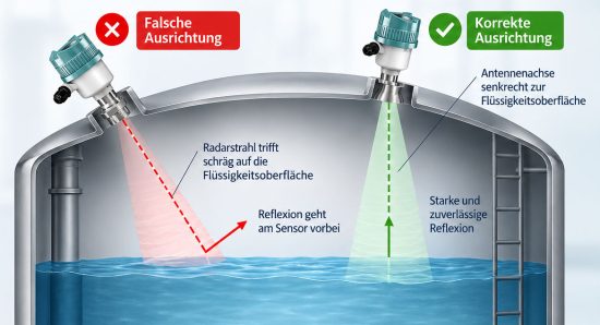 Radar Füllstandsensor auf schrägem Tankstutzen mit Darstellung der falschen und korrigierten Antennenausrichtung zur Flüssigkeitsoberfläche