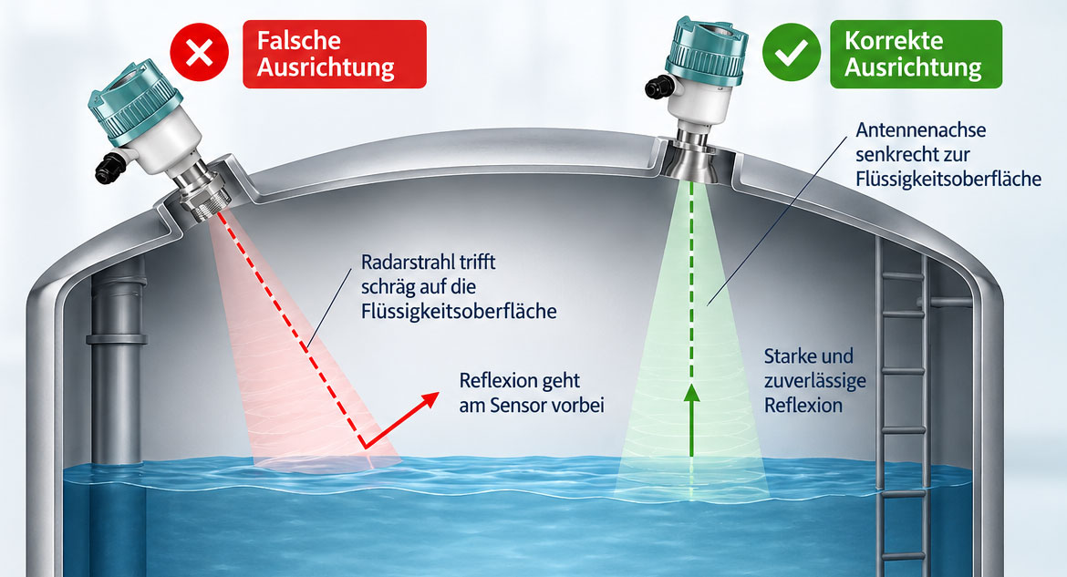 Radar Füllstandsensor auf schrägem Tankstutzen mit Darstellung der falschen und korrigierten Antennenausrichtung zur Flüssigkeitsoberfläche