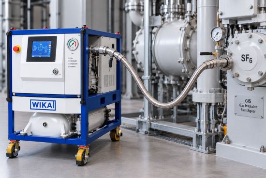 SF₆ Füllschlauch an einer gasisolierten Schaltanlage mit Servicegerät zur Rückgewinnung des Restgases nach dem Befüllen