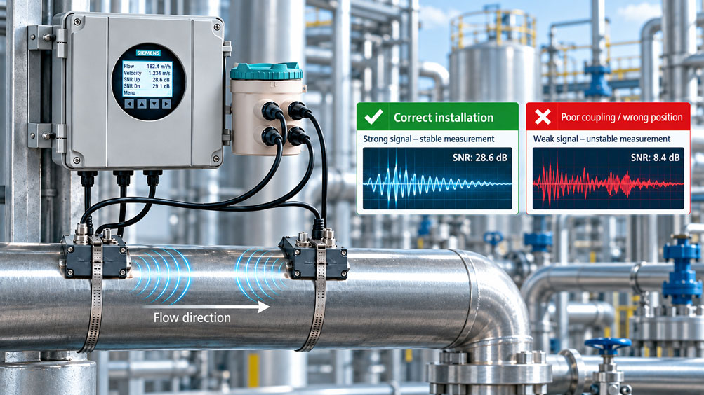 SITRANS Clamp on Ultraschallsensoren an einer Rohrleitung mit Diagnoseanzeige für gute und schlechte Signalqualität zur Kontrolle von Sensormontage und Kopplung