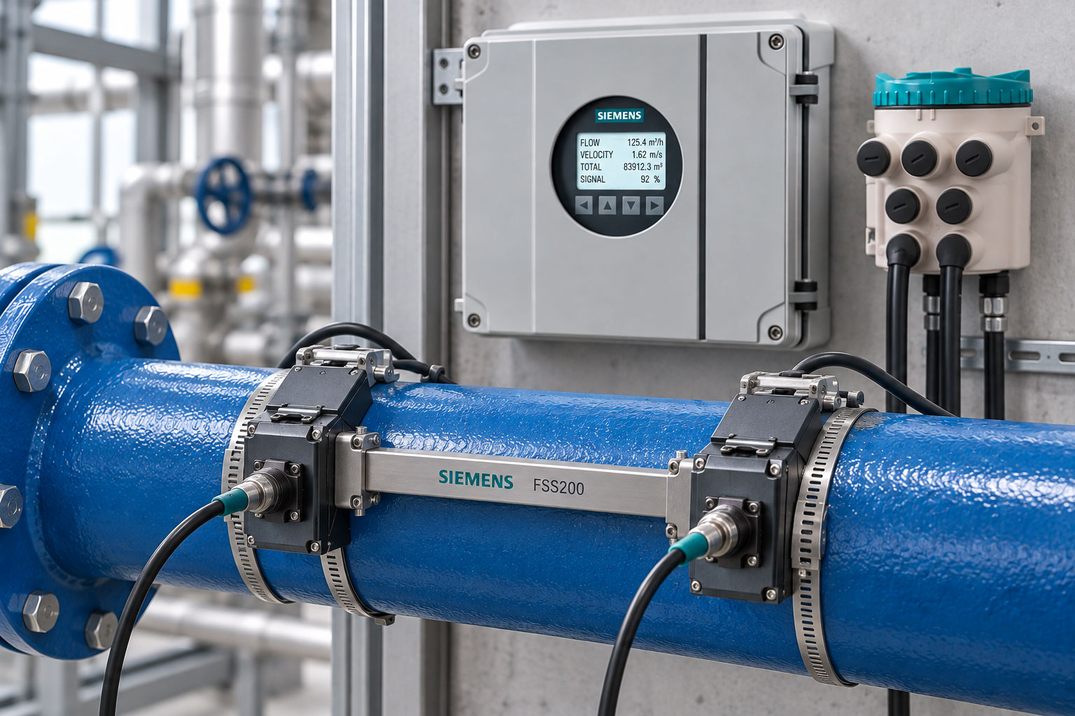 SITRANS FSS200 Clamp on Ultraschallsensoren auf beschichteter Rohrleitung mit Distanzschiene und angeschlossenem Durchflussmessumformer