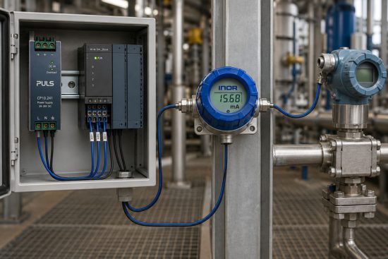 Schleifengespeiste 4–20 mA Anzeige zwischen Zweileitertransmitter und SPS Analogeingang