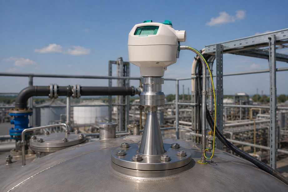 Siemens SITRANS LR250 Radar Füllstandtransmitter mit Hornantenne in einem metallischen Schwallrohr