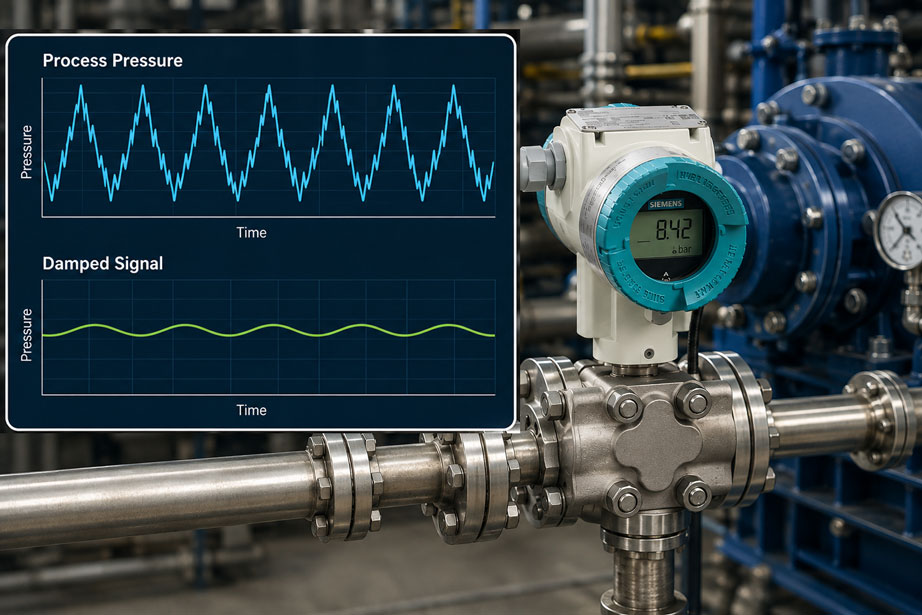 Siemens SITRANS P320 an pulsierender Druckleitung mit Vergleich von realem Prozessdruck und elektronisch gedämpftem Messsignal en
