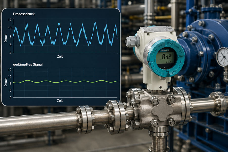 Siemens SITRANS P320 an pulsierender Druckleitung mit Vergleich von realem Prozessdruck und elektronisch gedämpftem Messsignal