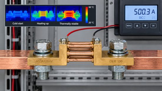 Stromshunt zwischen Kupferschienen mit separaten Sense Leitungen zur Darstellung von Eigenerwärmung und temperaturbedingtem Messfehler