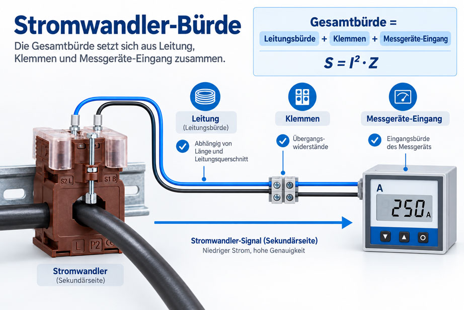 Stromwandler mit Sekundärleitung zum Messgerät zur Berechnung der Stromwandler Bürde
