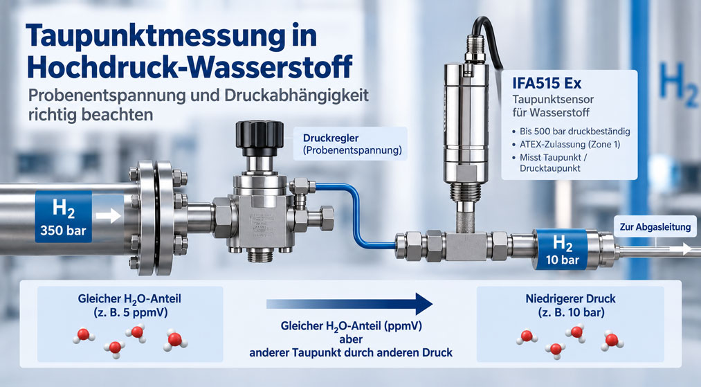 Taupunktmessung einer Hochdruck Wasserstoffprobe mit Druckreduzierung und IFA515 Ex Feuchtesensor de