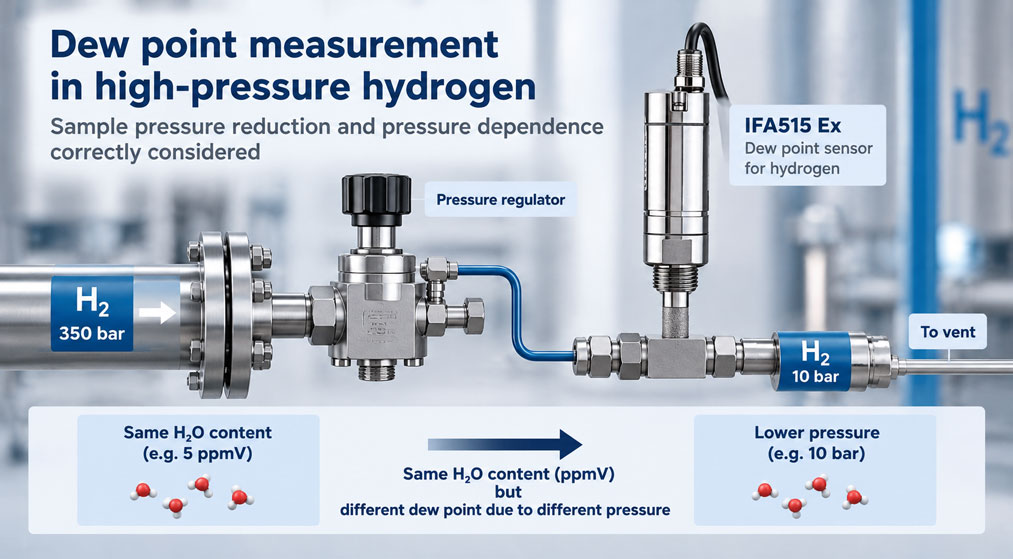 Taupunktmessung einer Hochdruck Wasserstoffprobe mit Druckreduzierung und IFA515 Ex Feuchtesensor en