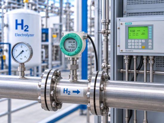 Thermischer Massedurchflusssensor in einer Wasserstoffleitung zur Messung von H₂ bei wechselnder Gasreinheit