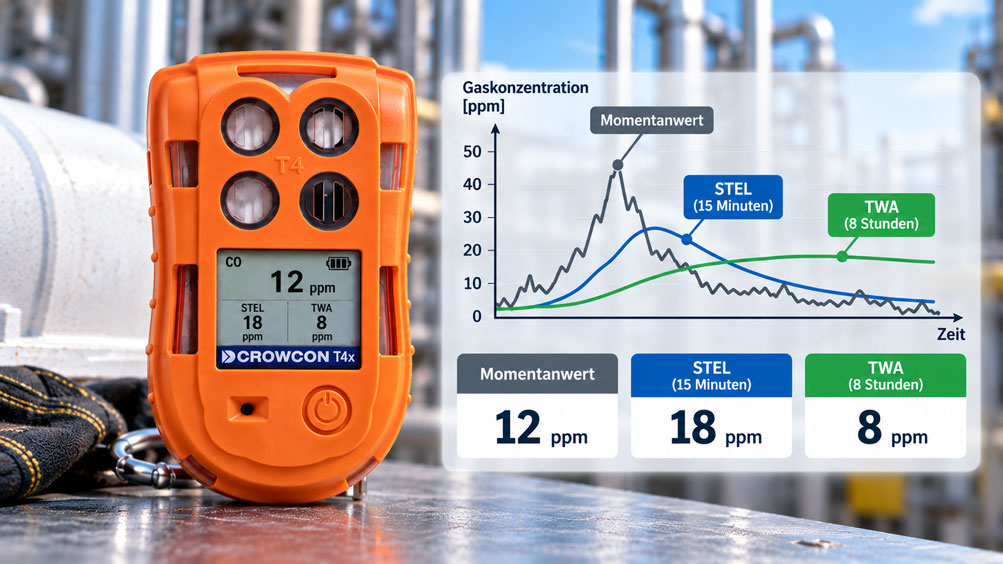 Tragbares Gaswarngerät mit Darstellung von Momentanwert, STEL Kurzzeitmittelwert und TWA Langzeitmittelwert eines toxischen Gases de
