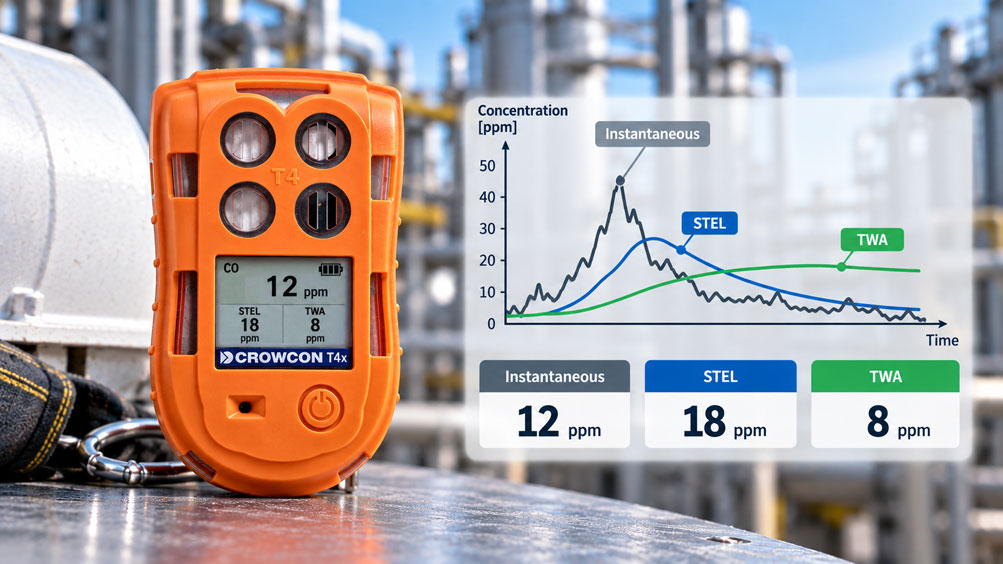 Tragbares Gaswarngerät mit Darstellung von Momentanwert, STEL Kurzzeitmittelwert und TWA Langzeitmittelwert eines toxischen Gases en