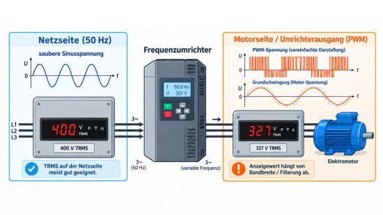 True RMS Einbaumessgerät an einem Frequenzumrichter mit Darstellung von Netzspannung, PWM Ausgang und erforderlicher Messbandbreite