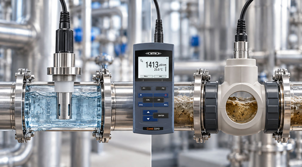 Vergleich von konduktivem Leitfähigkeitssensor mit Elektrodenkontakt und induktivem Leitfähigkeitssensor für verschmutzte und hoch leitfähige Medien