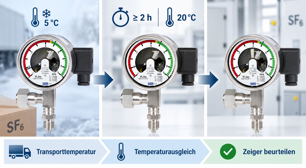 WIKA GDM 100 SF6 Gasdichtewächter nach kaltem Transport, anschließendem Temperaturausgleich bei 20 °C und abschließender Prüfung der Zeigerstellung