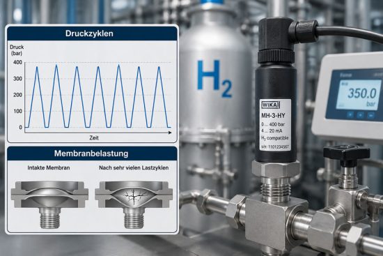 WIKA MH 3 HY Wasserstoff Drucksensor an einer Hochdruckleitung mit Darstellung wiederkehrender Druckzyklen
