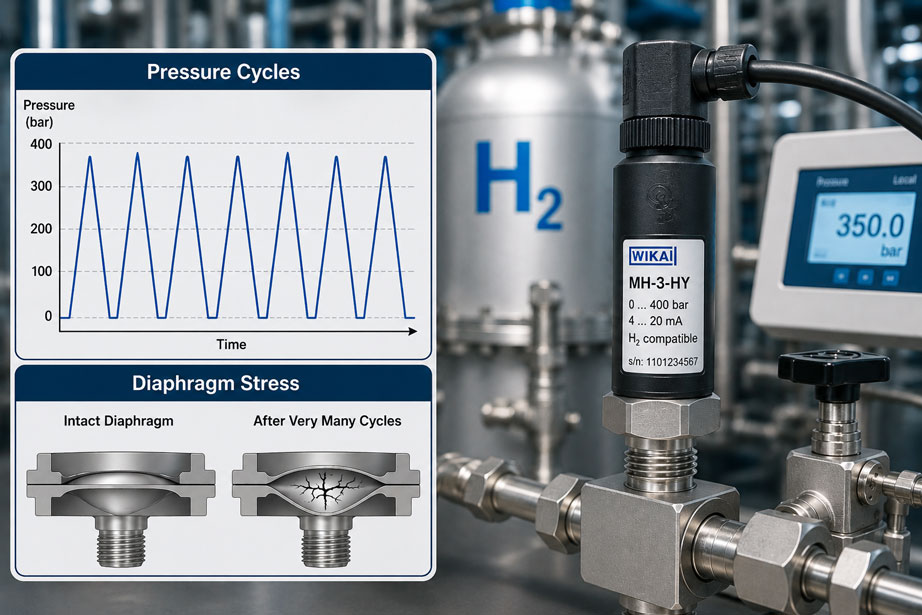 WIKA MH 3 HY Wasserstoff Drucksensor an einer Hochdruckleitung mit Darstellung wiederkehrender Druckzyklen en