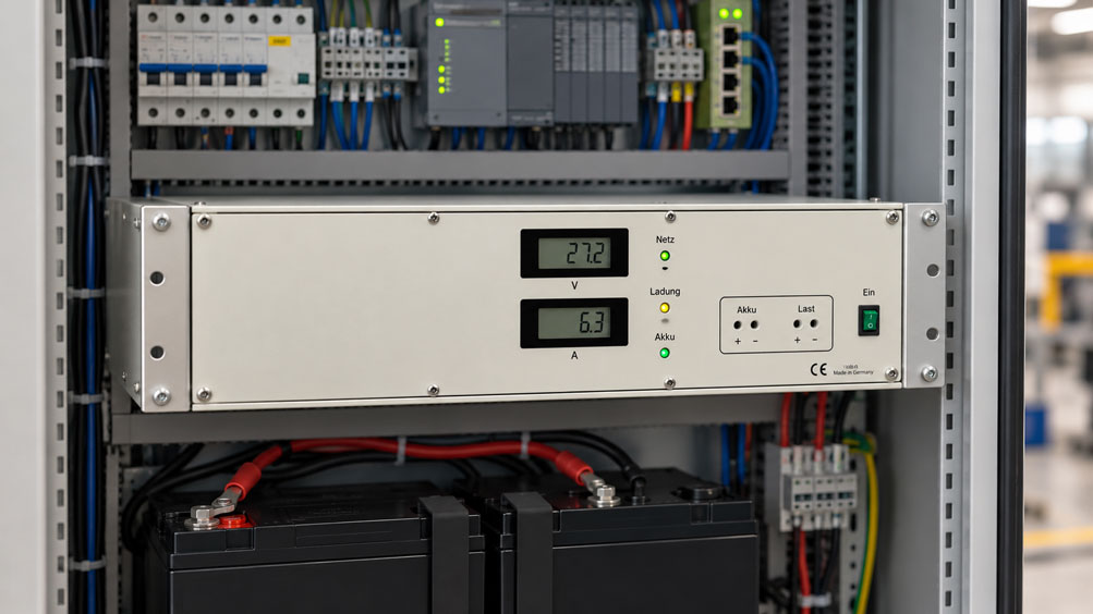 24 V Pufferladegerät richtig dimensionieren Laststrom und Batterieladestrom getrennt berechnen, Stromreserve, Pufferzeit und Schutz prüfen