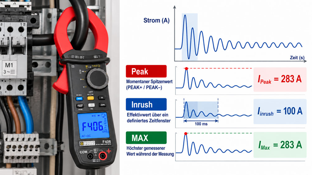 Chauvin Arnoux F406 Stromzange mit schematischer Darstellung von Spitzenstrom, Inrush Effektivwert und MAX Messfunktion.