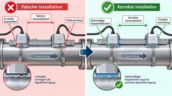 Clamp on Ultraschallsensoren – korrekte Wiederholmontage an einer Rohrleitung de