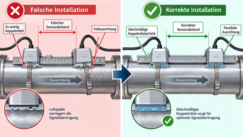 Clamp on Ultraschallsensoren – korrekte Wiederholmontage an einer Rohrleitung de