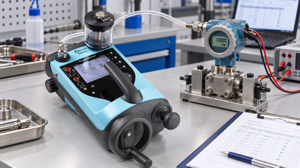 Druck DPI610E Druckkalibrator bei der Kalibrierung eines reparierten Drucktransmitters im Prüflabor mit angeschlossener Druckleitung und elektrischer Signalprüfung.