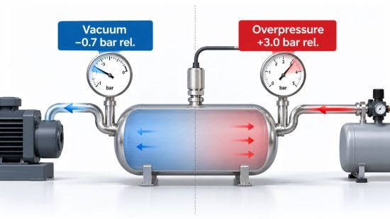 Drucksensor mit kombiniertem Relativdruckbereich für Vakuum und Überdruck sowie Vergleich zur Absolutdruckmessung