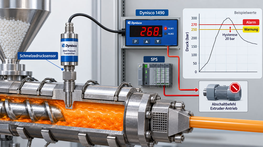 Dynisco Schmelzedruckalarm richtig einstellen Grenzwert, Hysterese, Relais, Sensorfehler und sichere Abschaltlogik beim Extruder berücksichtigen.