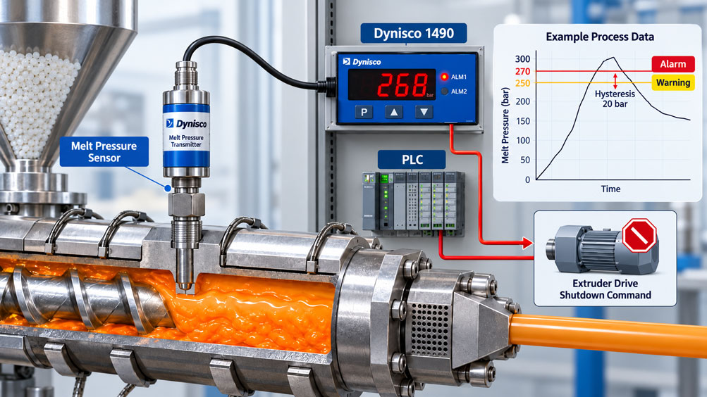 Dynisco Schmelzedruckalarm richtig einstellen Grenzwert, Hysterese, Relais, Sensorfehler und sichere Abschaltlogik beim Extruder berücksichtigen en
