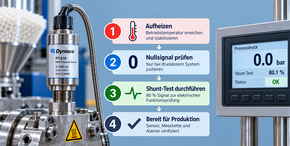 Dynisco Sensor vor Produktionsstart prüfen Aufheizphase, Nullsignal und Shunt Test in sinnvoller Reihenfolge durchführen de
