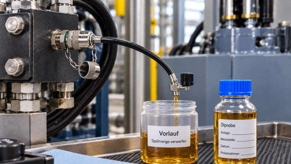 Entnahme einer Hydraulikölprobe über MINIMESS Testpunkt und Messschlauch nach ausreichendem Spülen der Probenahmeleitung