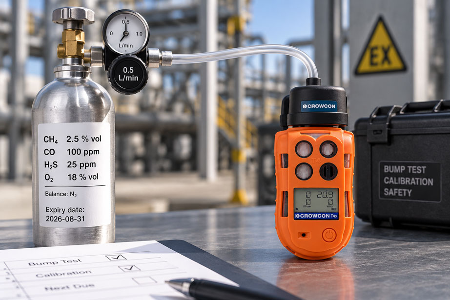 Gaswarngerät beim Bump Test mit Prüfgasflasche, passender Gaskonzentration und Durchflussregler