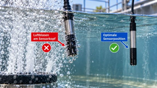 Gelöstsauerstoffsensor in einem stark belüfteten Wasserbecken mit Luftblasen am Sensorkopf und geeigneter Sensorposition außerhalb der Hauptblasenfahne de